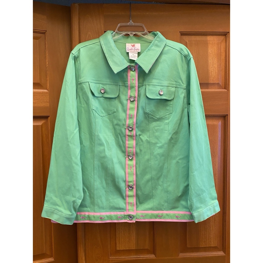 Quacker Factory Green Denim Jacket Sz 1X Jewel Embellished Pink Ribbon Whale